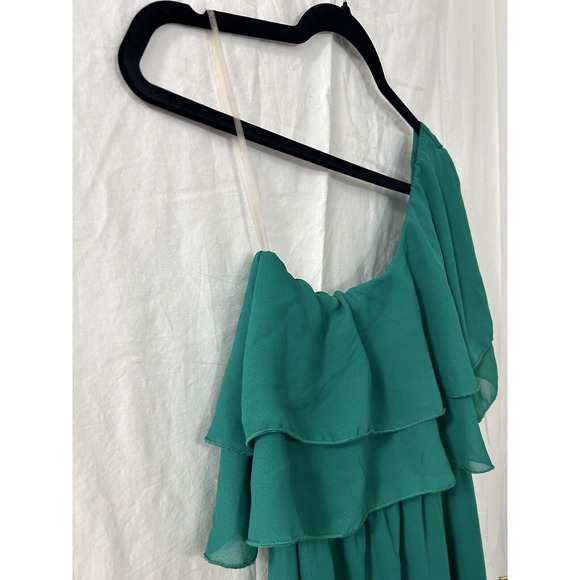 Buttons Mini Dress Womens Size XS One Shoulder Solid Green Ruffles - Picture 2 of 9